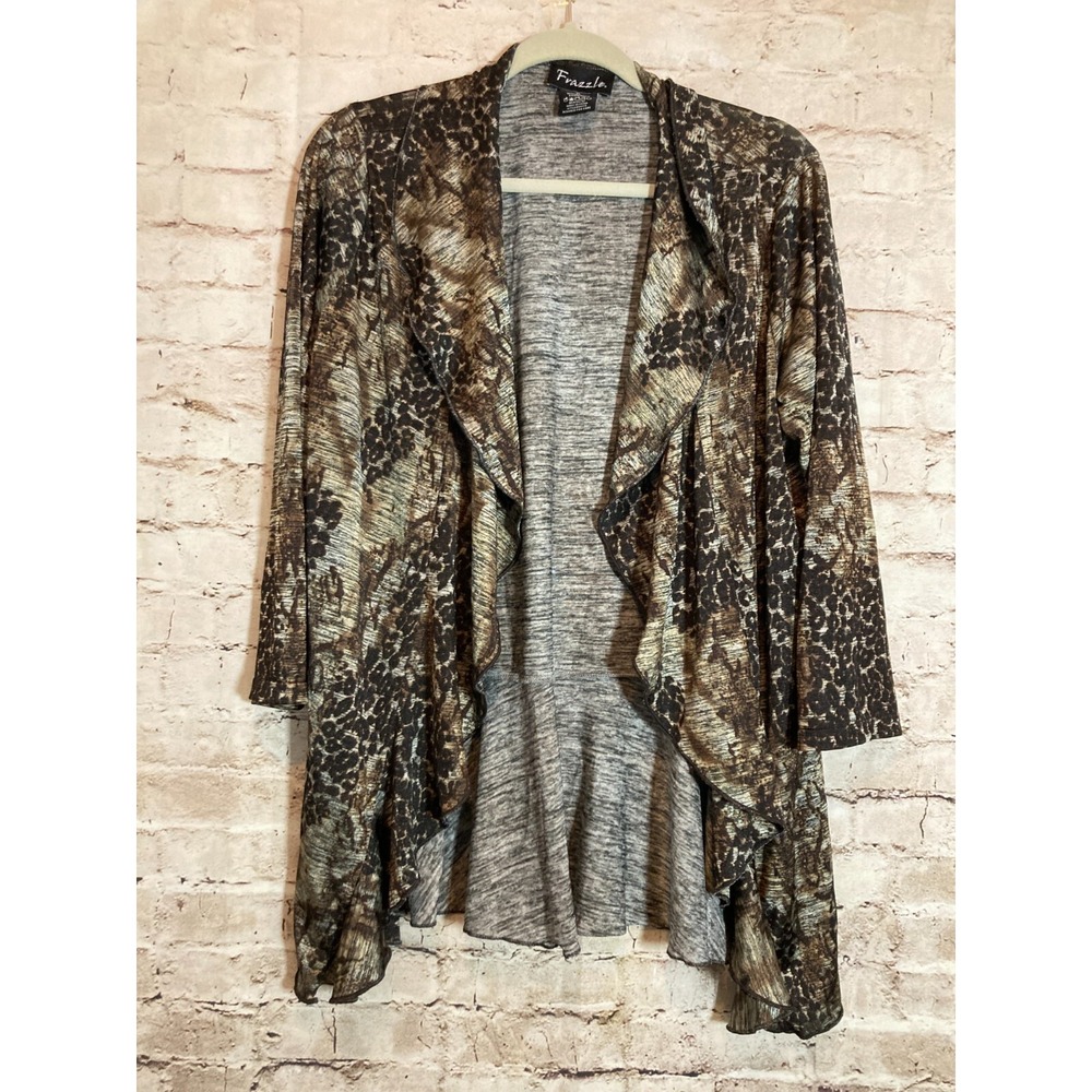 Frazzle Top‎ Womens XL Brown Animal Print Waterfall Open Front Artsy Stretch